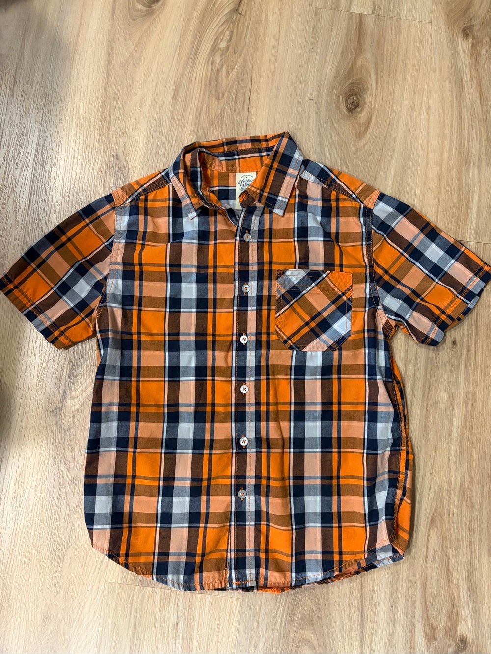Faded Glory Orange Navy Plaid Short-Sleeve Button-Down Shirt